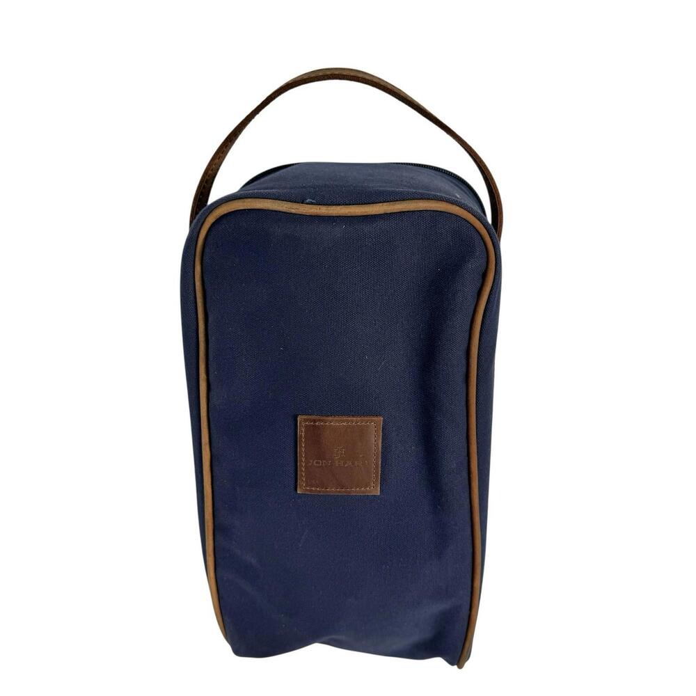 Jon Hart Navy Coated Canvas Shoe bag  leather Trim Travel Bag Monogram